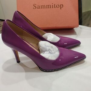 Sammitop Beaded Pointed Toe Patent Leather Stiletto Pumps for Women Size 8.5